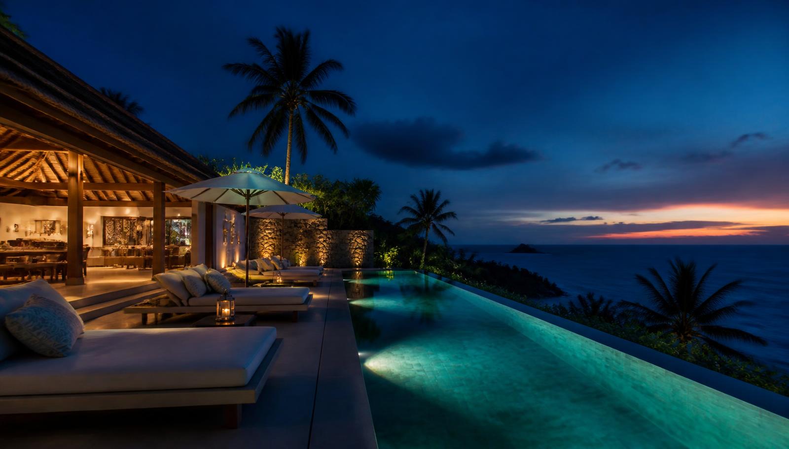Luxury Lombok villa with an infinity pool at dusk