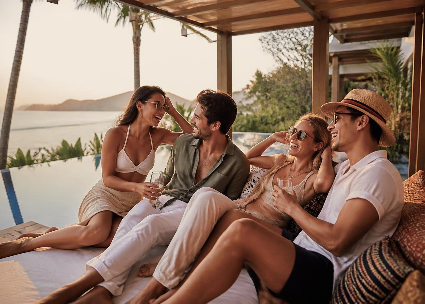 Friends and a couple relaxing together at a luxury villa in Lombok