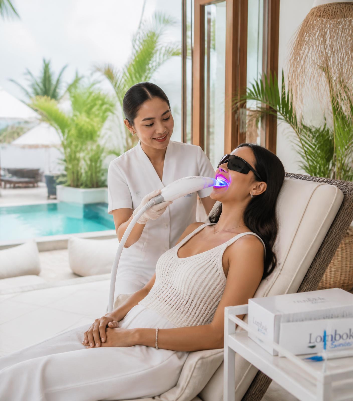A client relaxing during a mobile teeth whitening session on a Lombok villa terrace