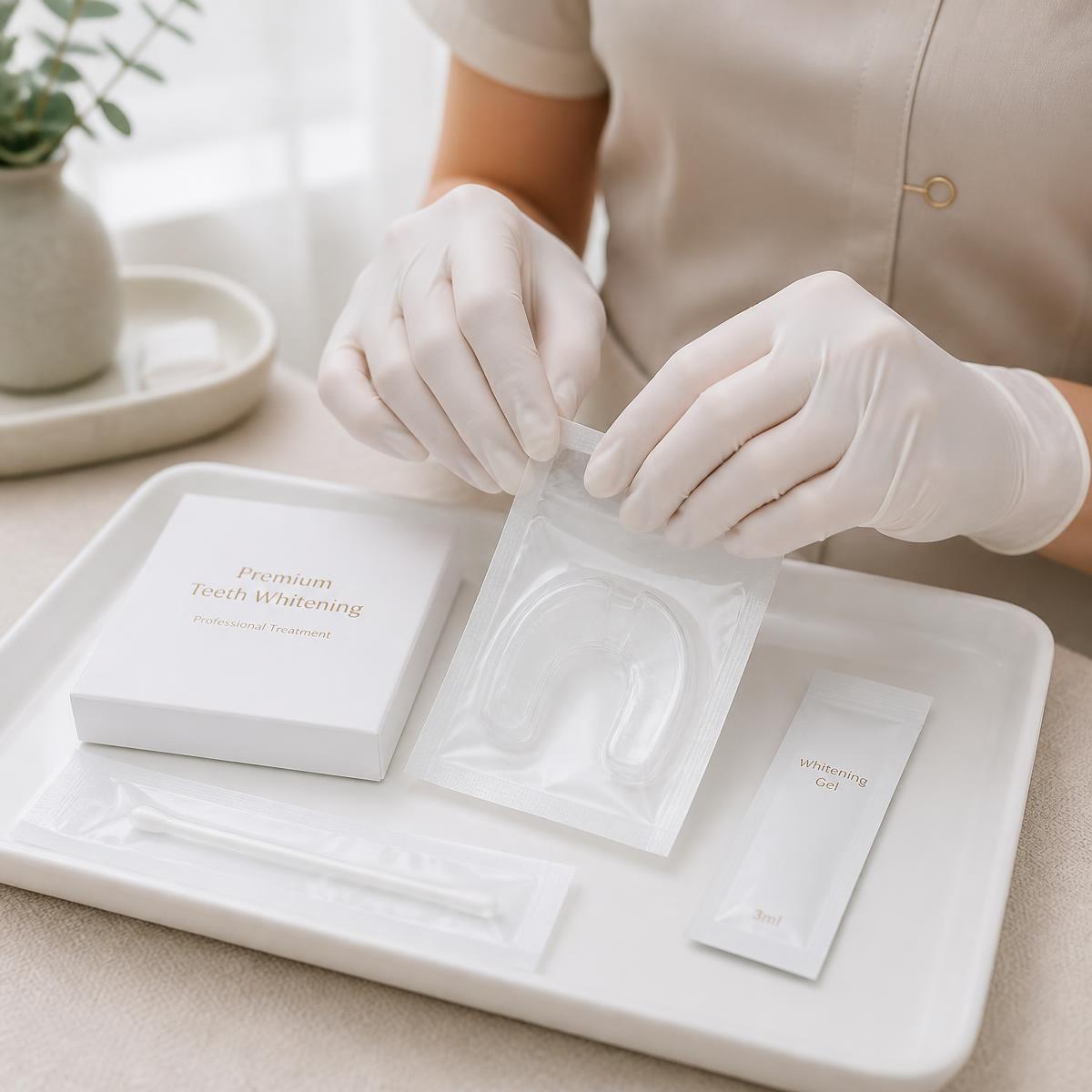 Technician wearing fresh gloves preparing individually packed whitening equipment